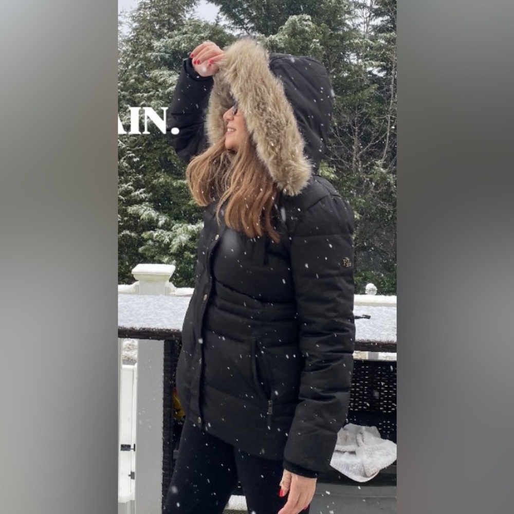 Lauren Ralph Lauren Black Puffer Jacket with Faux Fur Hood